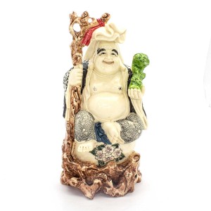 Porcelain Handmade Colorful Laughing Buddha In Robe Sitting On Wood Log With RU YI Long Life And Good Health YJLB-STLOG01