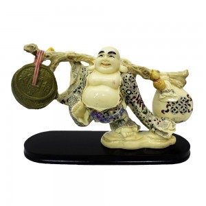 Porcelain Handmade Colorful Travelling Buddha With Staff Holding Big Coin and Sack of Wealth -  YJLBSTNCN