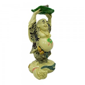 Porcelain Handmade Colorful Laughing Buddha Standing On Wealth Bag With Elevated Hand Holding Lotus Leaf and Frog On Top- YJLBSTFG
