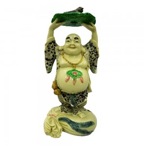 Porcelain Handmade Colorful Laughing Buddha Standing On Wealth Bag With Elevated Hand Holding Lotus Leaf and Frog On Top- YJLBSTFG