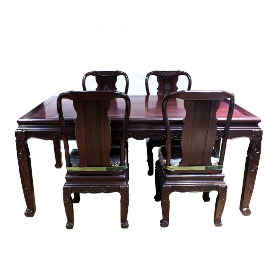 Dark Cherry Solid Rosewood Dining Table Set 5 Pc Set Carvings On Table And Chairs - YSCT01