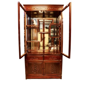 Rosewood Curio  Display Cabinet with French Flower Carvings Dark Red Finish - YSNO88
