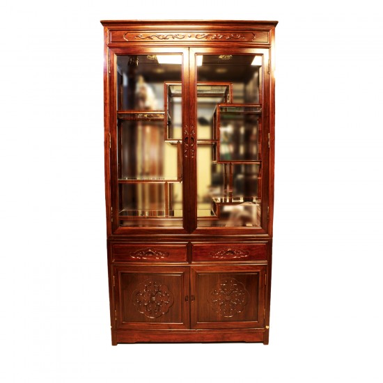 Rosewood Curio  Display Cabinet with French Flower Carvings Dark Red Finish - YSNO88