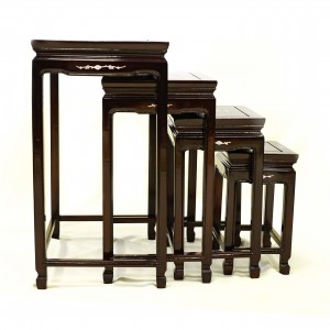 Solid Rosewood Nest of 4 Tables Horse Shoe Leg with Mother of Pearls Inlaid Dark Cherry Finish-LK32/000454
