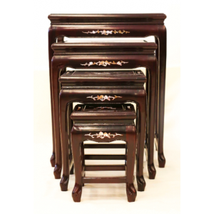 Solid Rosewood Nest of Tables French Leg with Mother of Pearls Inlaid 4 Pc/Set Dark Cherry Finish LK 32-000454A 4/SET