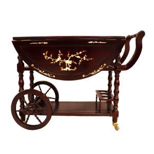 Solid Rosewood Drop Leaf Tea Trolley / Serving Cart with Mother of Pearls Inlaid Dark Red Cherry  LK93-000454C3