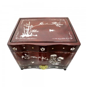 Oriental Rosewood Jewelry Box with Mother Of Pearls Inlaid Open Three Side for Jewelry and Precious Ornaments Cherry Finish with Gold Brass Metal Hinges CBJB-001