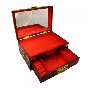 Oriental Rosewood jewelry Box with Mirror Top and Drawers for Jewels & Ornaments Longevity Sign On Dark Cherry Finish with Gold Brass Metal Design
