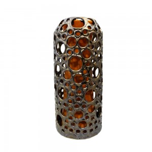 Asian Art Hand Crafted Reticulated Double Wall Porcelain Vase Golden Brown LK12V-BGDV01