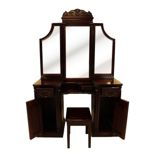 Solid Rosewood Vintage Dressing Table & Stool Foldable Mirrors Dark Red cherry YS-91