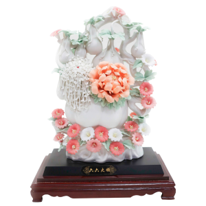 Porcelain Carving Plum Blossom Peony Rose Flower Statue with Glass Case - CPFJF