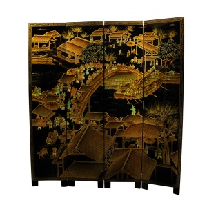 Solid Wood Ancient Chinese City Life 4 Panels Lacquer Partition Screen Black Golden - LK91-0001CC4