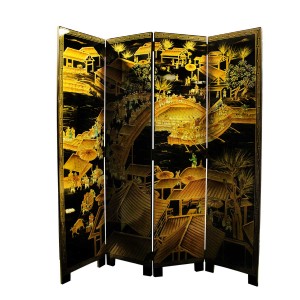 Solid Wood Ancient Chinese City Life 4 Panels Lacquer Partition Screen Black Golden - LK91-0001CC4
