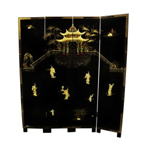 Solid Wood Ancient Traditional Chinese Women and Pagoda 4 Panels Lacquer Partition Screen Embossed in Mother of Pearls - LK91-0001CC4 01