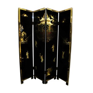 Solid Wood Ancient Traditional Chinese Women and Pagoda 4 Panels Lacquer Partition Screen Embossed in Mother of Pearls - LK91-0001CC4 01