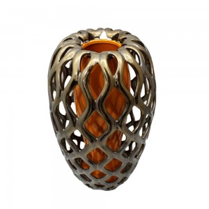 Asian Art Hand Crafted Reticulated Double Wall Porcelain Vase Golden Brown Orange Curvy Shape LK14V-OGBV01