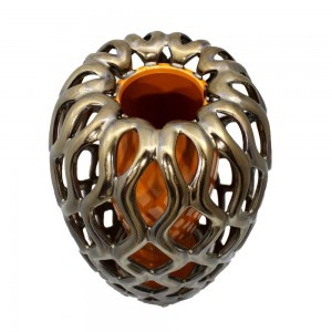 Asian Art Hand Crafted Reticulated Double Wall Porcelain Vase Golden Brown Orange Curvy Shape LK14V-OGBV01