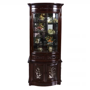 Rosewood Curve Shape Curio Display Cabinet with Mother of Pearls Inlaid Dark Cherry Finish - FS D838A M