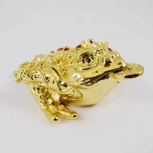 Hand painted 3 Legged Bejeweled Wish Fulfilling Money Frog Figurine Trinket Box Shiny Gold finish with Crystal Prosperity Symbol YHX-GDF02