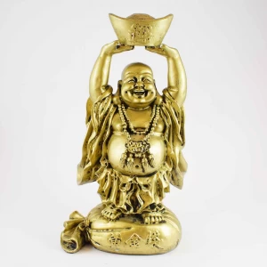 Handmade Golden Medium Size Laughing Buddha Statue On Treasure Bag Elevating A Huge Ingot With Both Hands YXL-STN04